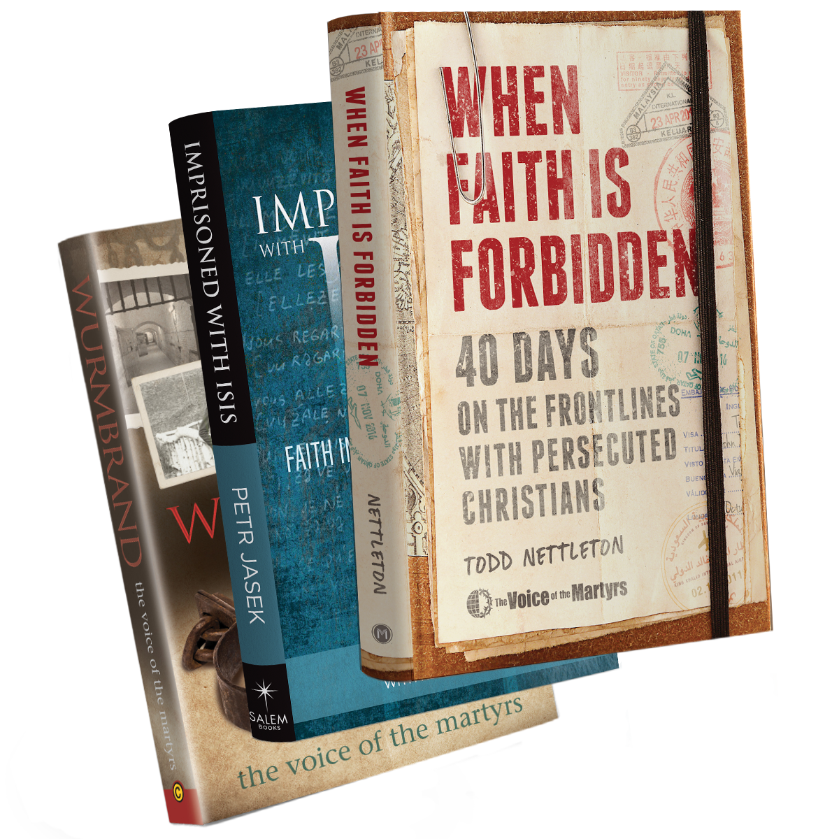 A stack of books available from VOM